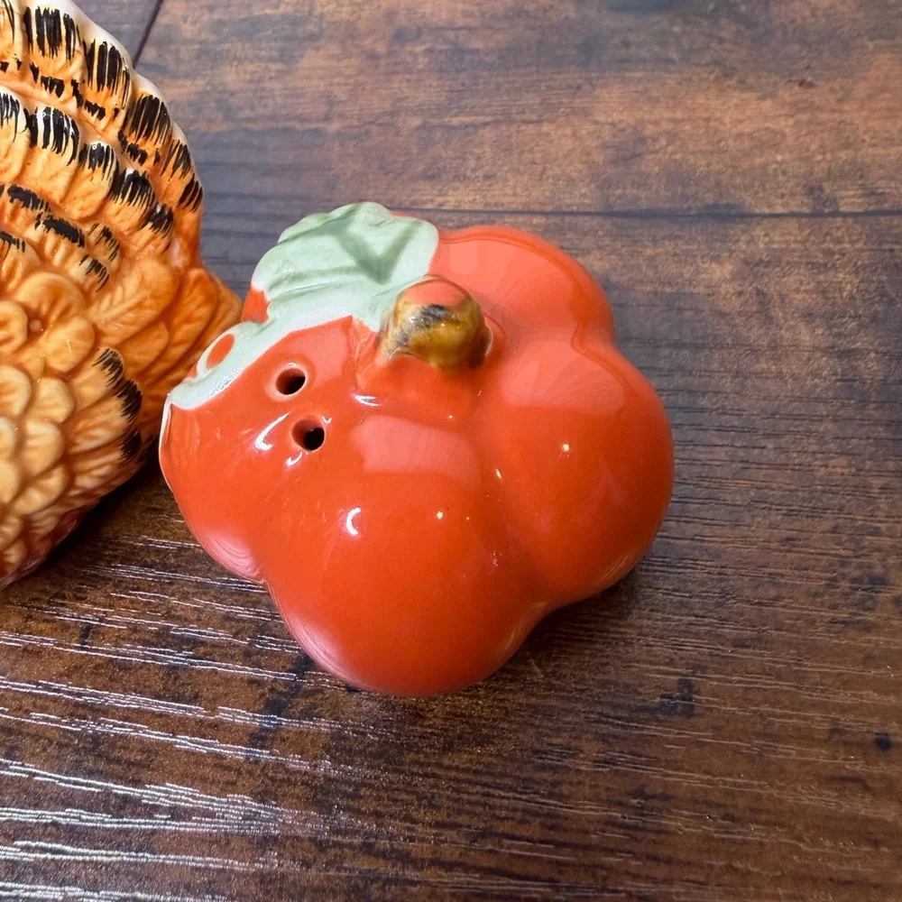 Ceramic Thanksgiving Turkey & Pumpkin Salt and Pepper Shakers - Orange Accent